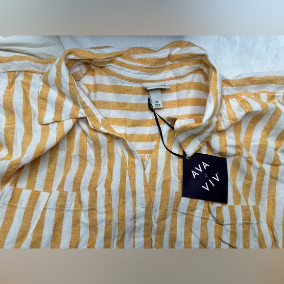 Ava & Viv Women's Short Sleeve Tie Front Midi Shirtdress Yellow White Striped 3X - Picture 4 of 9